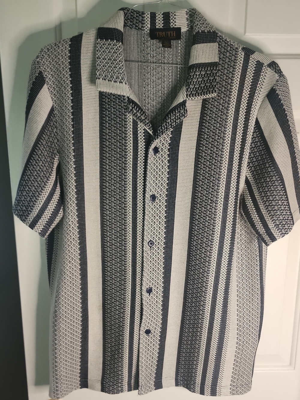 TRUTH Navy and White Vertical Stripe Knit Button-Down Shirt